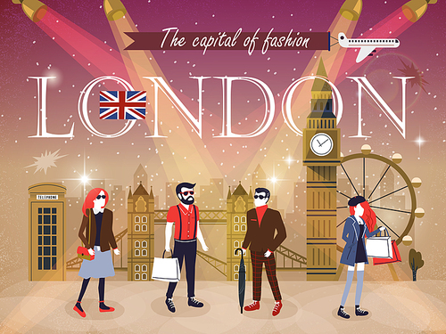 London fashion capital advertising poster with models and attractions