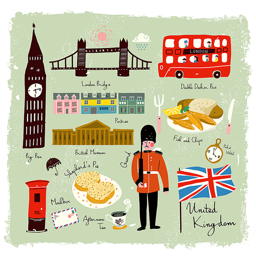 hand drawn lovely United Kingdom travel impression collection