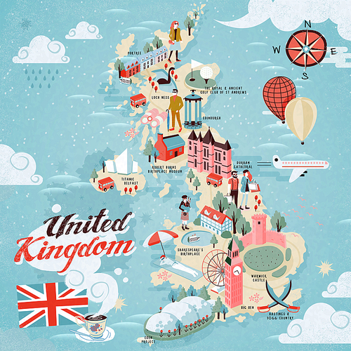 attractive United Kingdom travel map with attractions