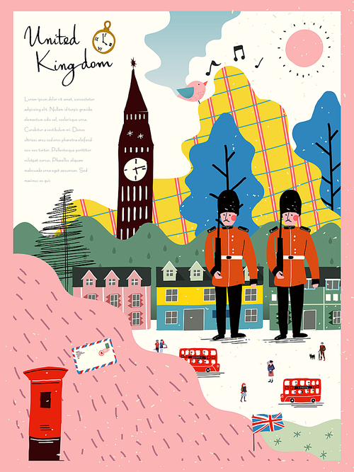 adorable United Kingdom travel impression poster in hand drawn style