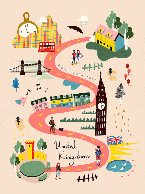 adorable United Kingdom travel map in hand drawn style