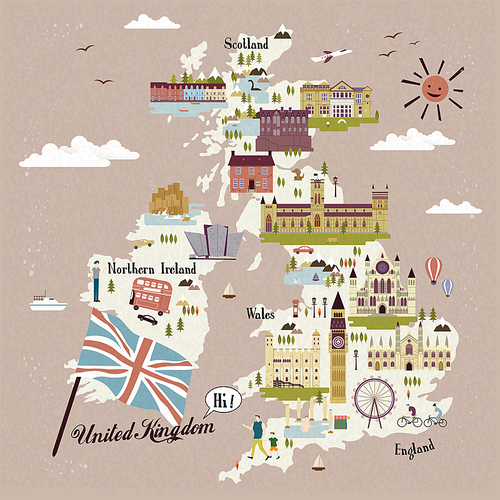 adorable United Kingdom travel map with attractions