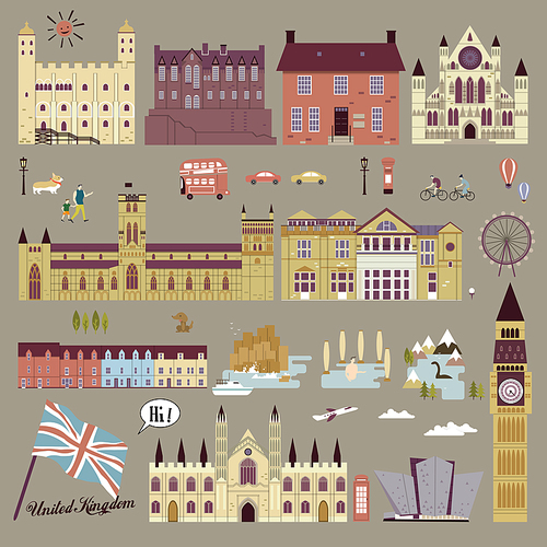 adorable United Kingdom attractions collection in flat design