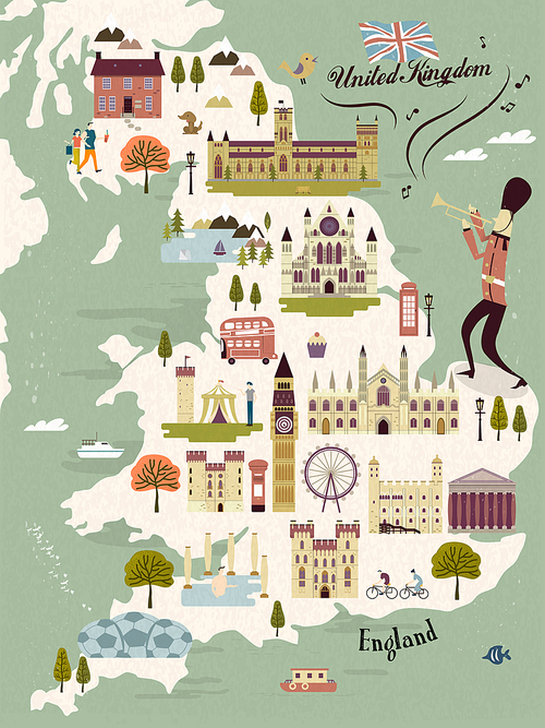 adorable United Kingdom travel map with attractions