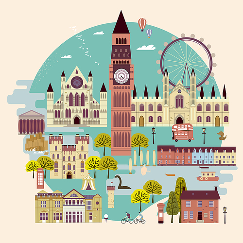 adorable United Kingdom attractions collection in flat design