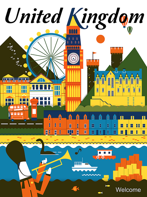 eye-catching United Kingdom travel poster design in flat style