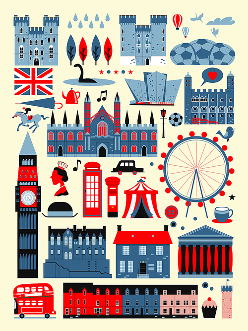 adorable United Kingdom attractions collection in flat design