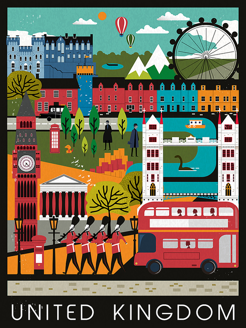 eye-catching United Kingdom travel poster design in flat style