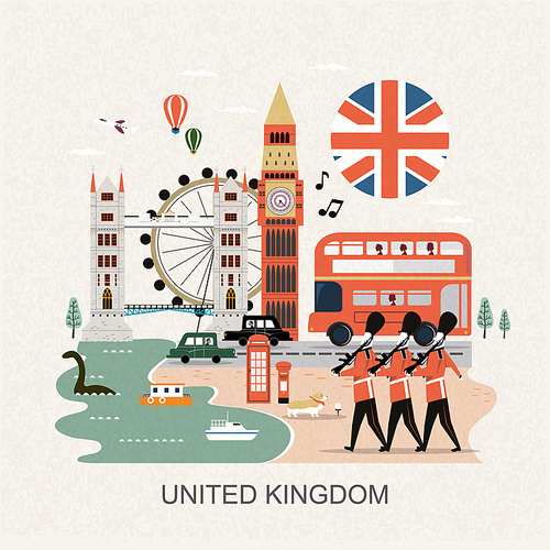 eye-catching United Kingdom travel concept design in flat style