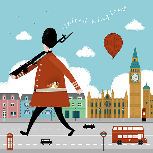 lovely United Kingdom travel impression design - guard and street scene