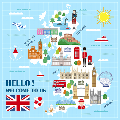 lovely United Kingdom travel map with attractions