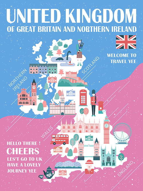 lovely United Kingdom travel map with attractions