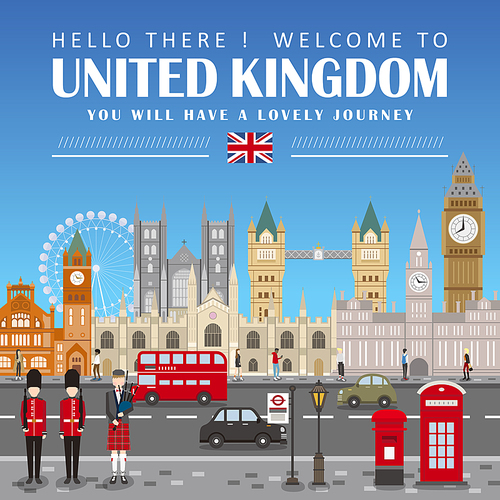 eye-catching United Kingdom travel poster design in flat style