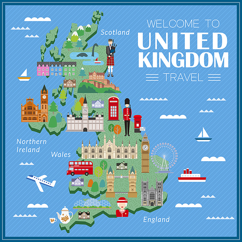 lovely United Kingdom travel map with attractions