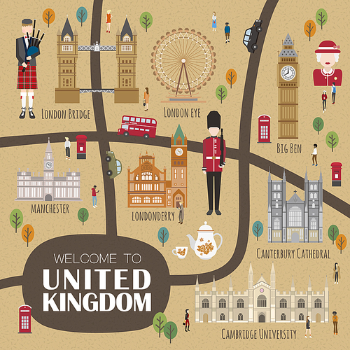 adorable United Kingdom walking map design with attractions