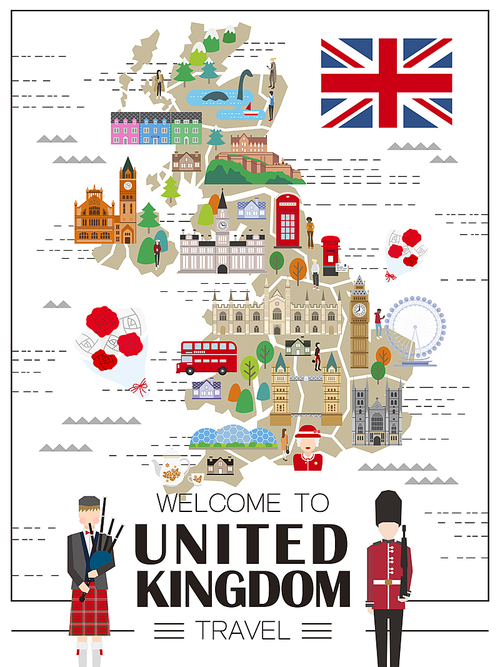 lovely United Kingdom travel map with attractions