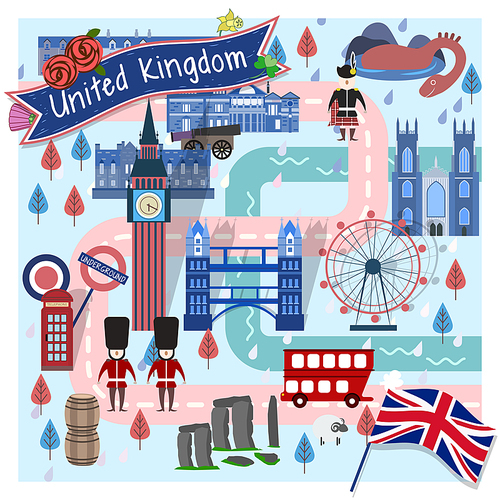 lovely United Kingdom travel map with attractions