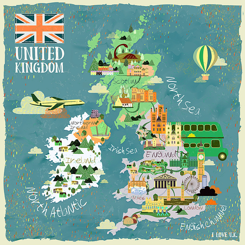 attractive United Kingdom travel map with famous attractions