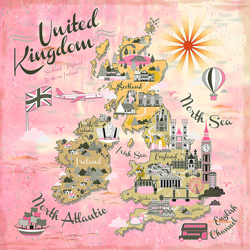 attractive United Kingdom travel map with famous attractions