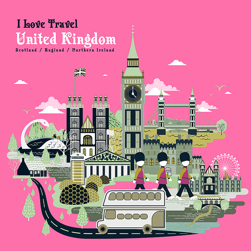 lovely United Kingdom travel poster design in pink