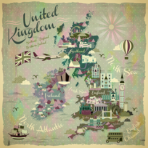 retro United Kingdom travel map with famous attractions