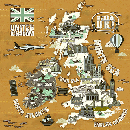 retro United Kingdom travel map with famous attractions