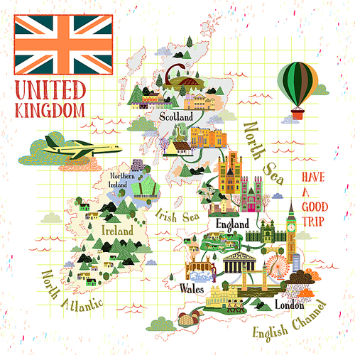 lovely United Kingdom travel map with famous attractions