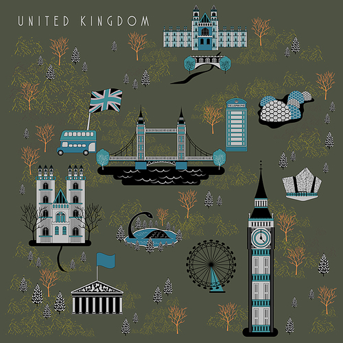 elegant United Kingdom travel poster design with attractions