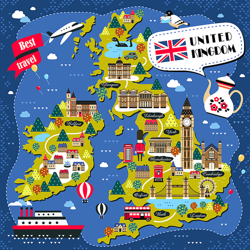 lovely United Kingdom travel map design with attractions