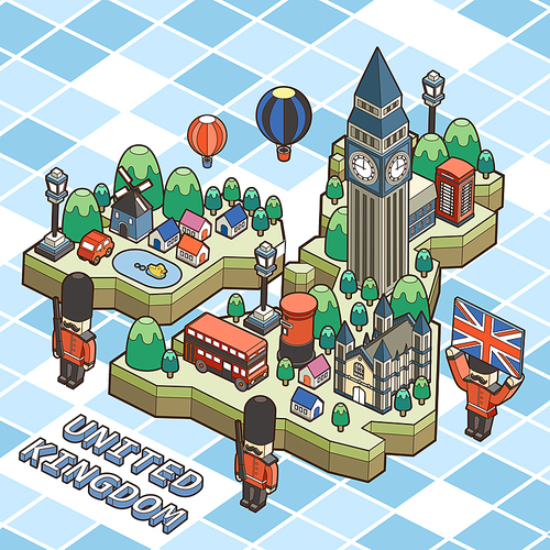 United Kingdom travel poster in 3d isometric flat design