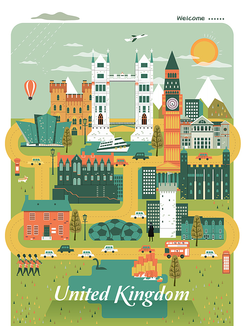 pleasing United Kingdom travel poster design with attractions