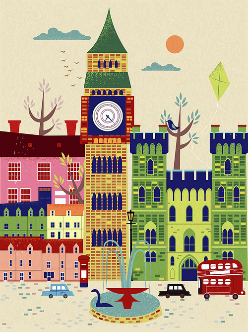 lovely United Kingdom travel poster with street scenery