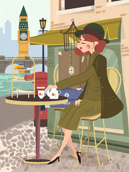 graceful lady enjoys her afternoon tea outside the coffee shop - United Kingdom travel poster