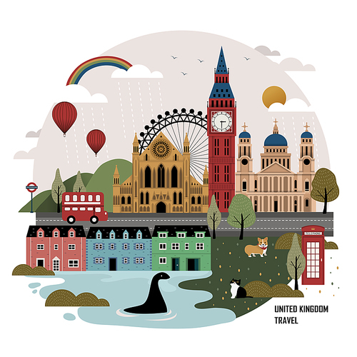 lovely United Kingdom travel poster design with attractions