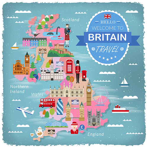 lovely United Kingdom travel map design with attractions