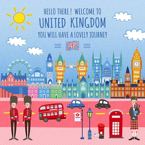 adorable United Kingdom travel poster design with street scenery