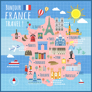 attractive France travel map with attractions and specialties