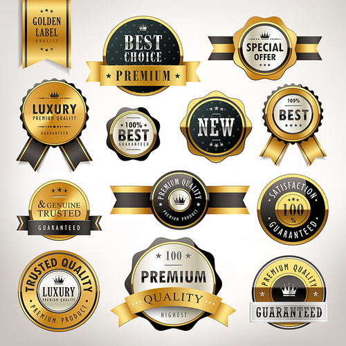 luxury premium quality golden labels collection over pearl white background