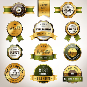 luxury premium quality golden labels collection over pearl white background