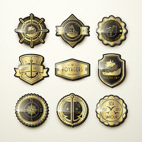 set of gorgeous golden marine emblems isolated on beige background