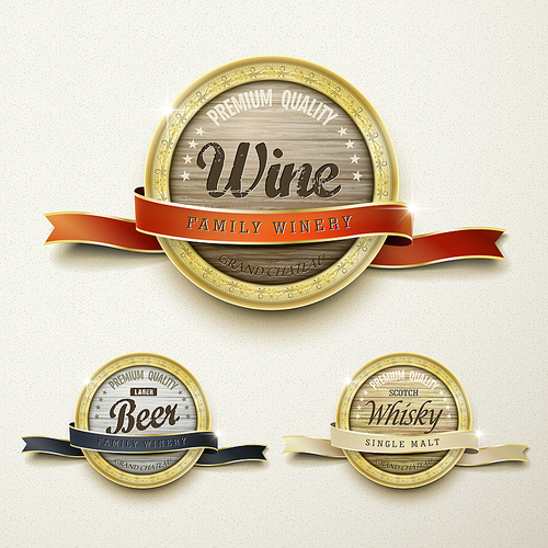 close up look at premium quality wine golden labels collection over beige