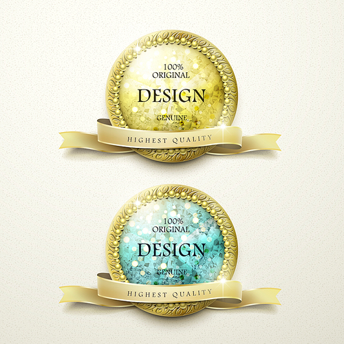 premium quality golden labels with diamond elements over beige background