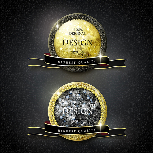 premium quality golden labels with diamond elements over black background
