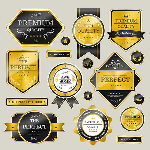 premium quality sparkling golden labels collection over grey