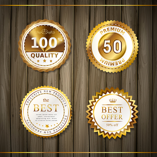 premium quality round gold labels collection over wooden plates