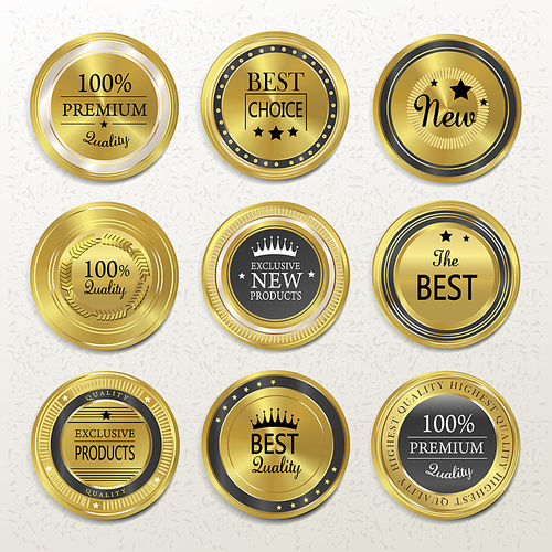 premium quality round gold labels collection over beige