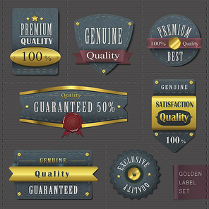 retro premium quality cloth labels with golden elements over dark