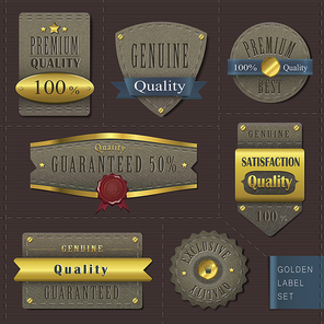 retro premium quality cloth labels with golden elements over dark