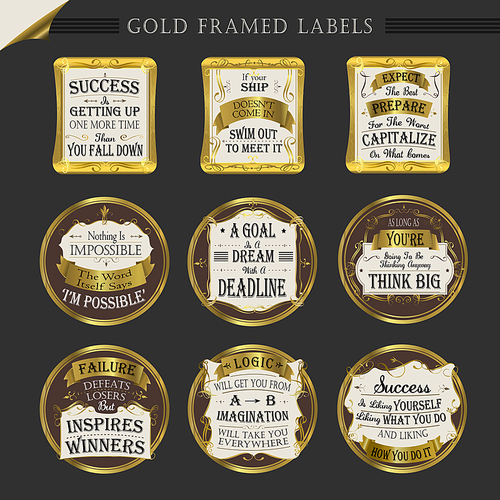 gold framed premium quality labels collections over dark
