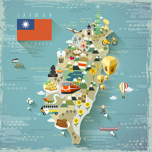 Taiwan famous attractions travel map in flat design